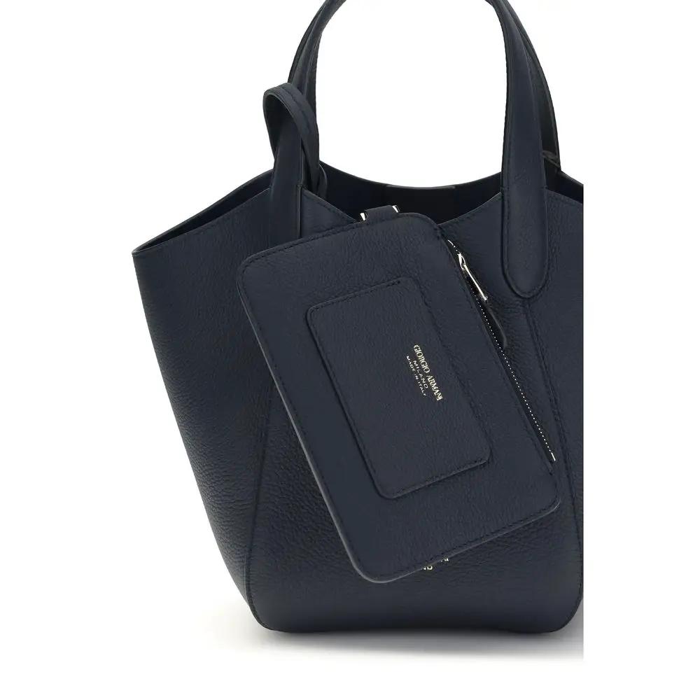 Giorgio Armani Bos Taurus calf leather blue handbag with top handles, front view.