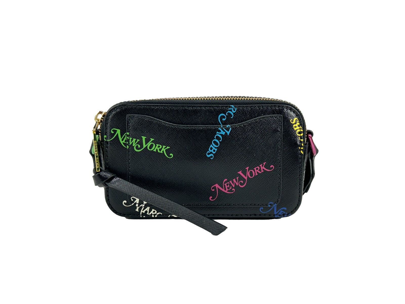 Marc Jacobs New York x The Snapshot Bag crossbody, black leather with multicolor New York print, front view