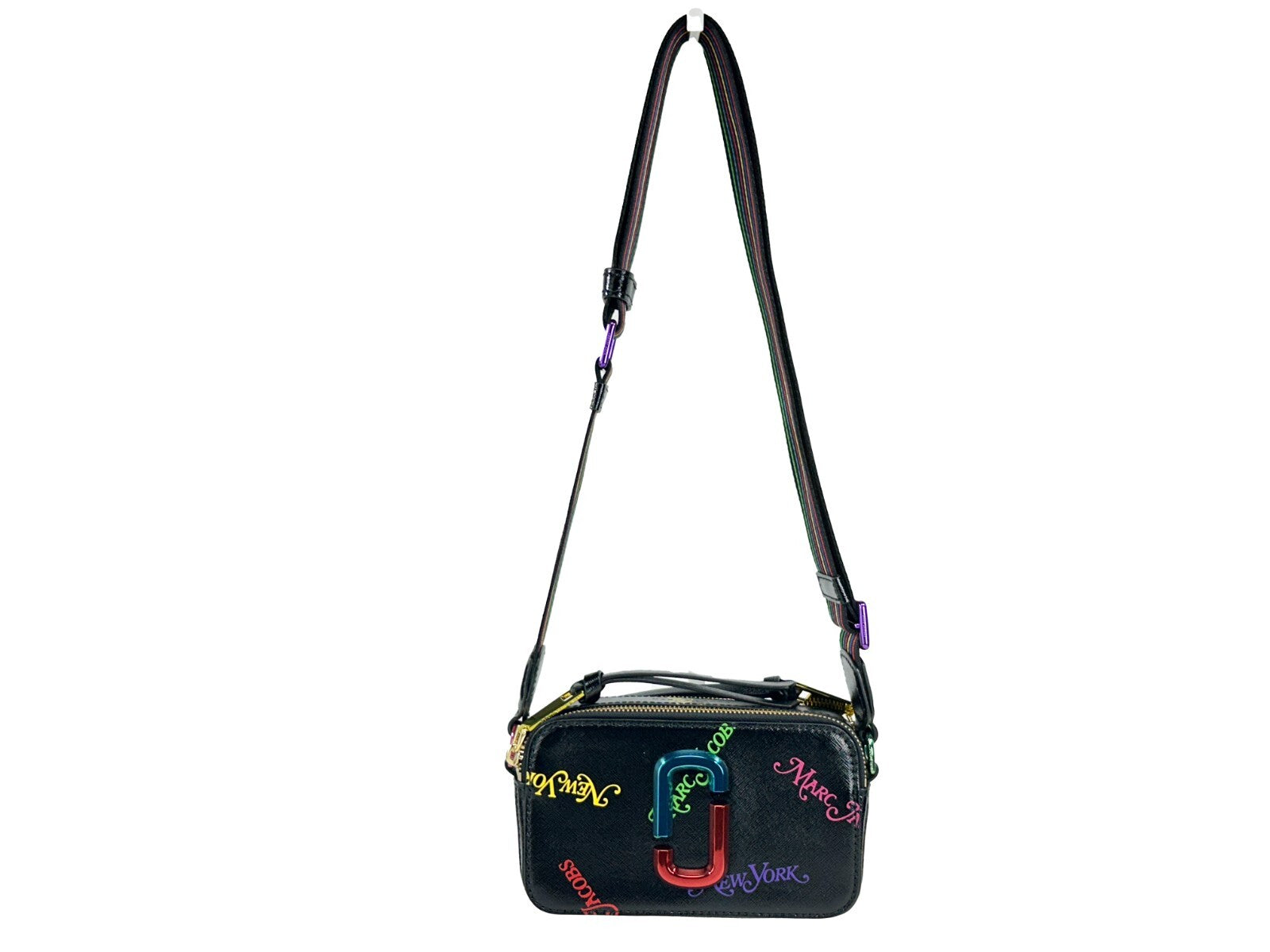 Marc Jacobs New York X The Snapshot Bag, black leather crossbody, colorful logo print, front view