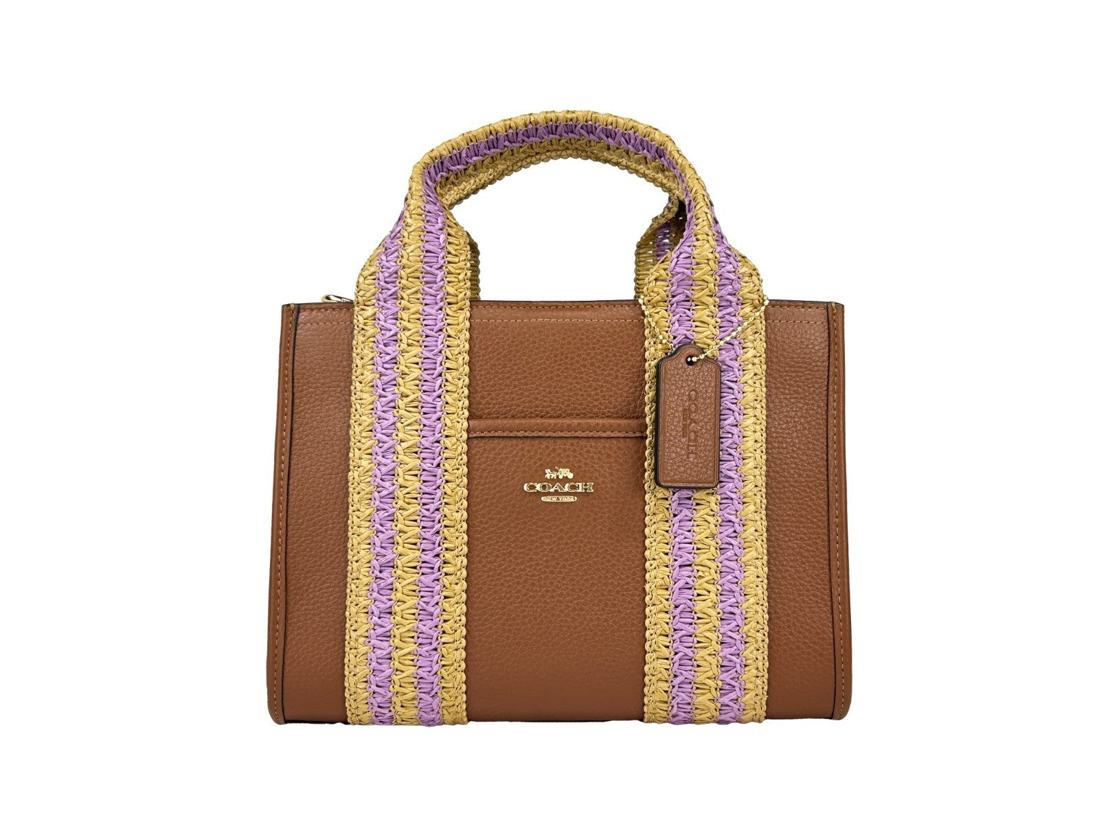 COACH Smith 24 Tote: brown leather body with yellow-lavender woven handles, front view