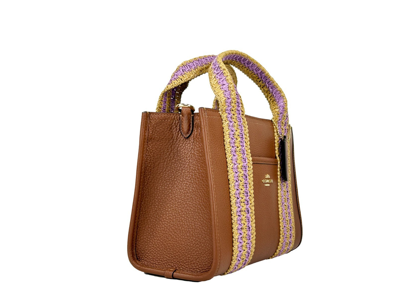 COACH Smith 24 Tote Straw Web brown leather bag with purple-yellow woven handles, front view