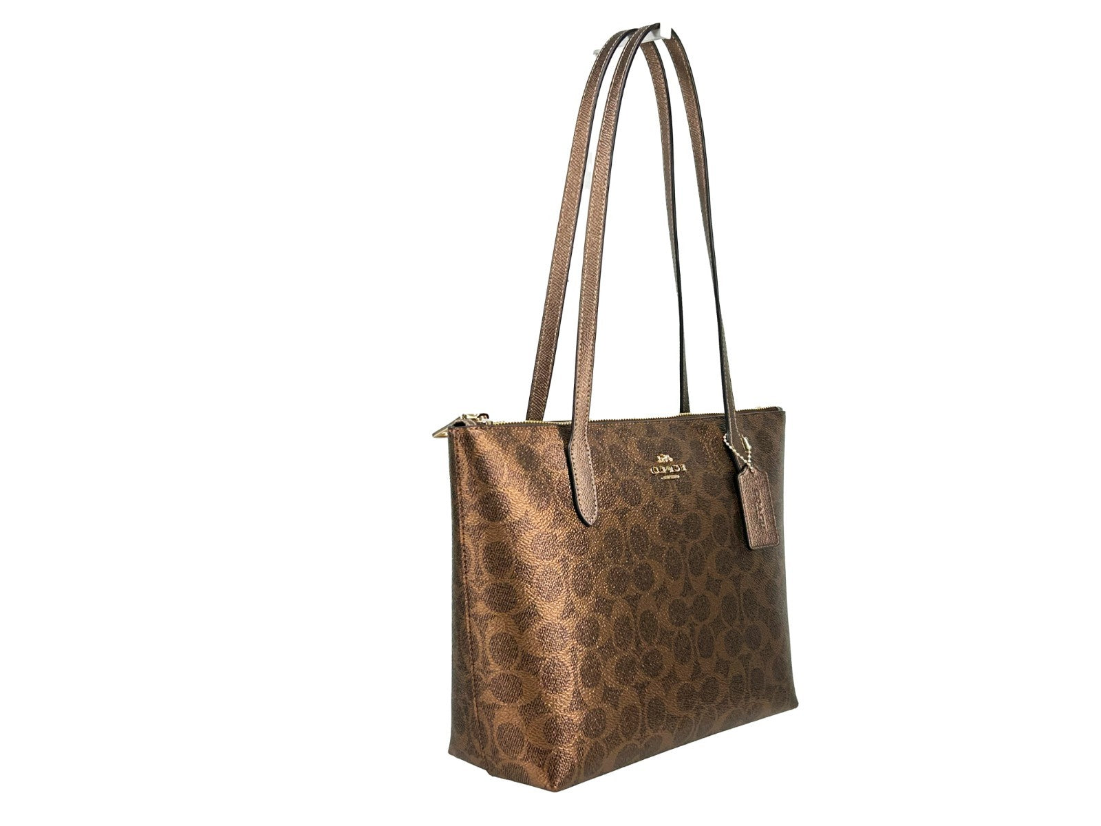 COACH Fiona Zip Tote in brown Signature canvas, tote bag, front view