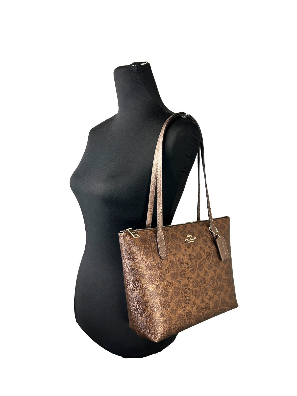 COACH Signature Fiona Zip Tote Bag brown signature canvas with tan leather straps, front view