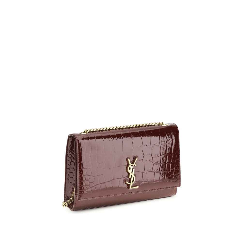 Saint Laurent Bos Taurus shoulder bag, Bordeaux calf leather, gold logo, front view.
