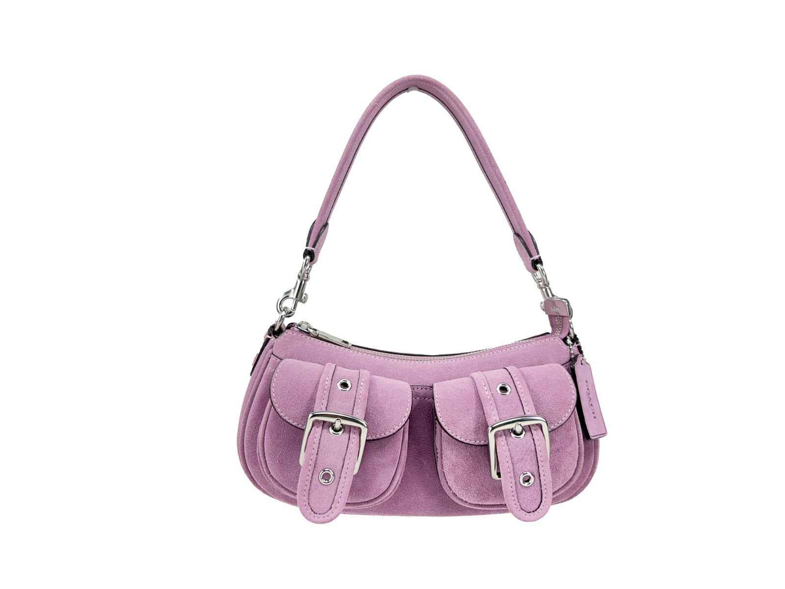 COACH Ashton Suede Shoulder Bag, lavender-pink suede, double buckle pockets, front view