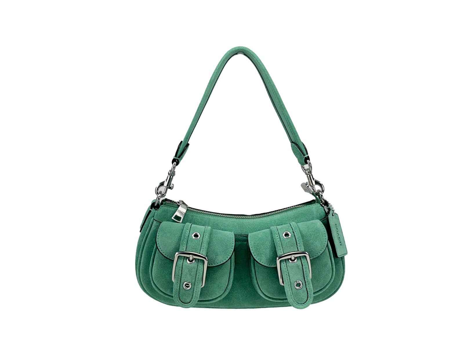 COACH Ashton suede shoulder bag, green with buckle pockets, front view