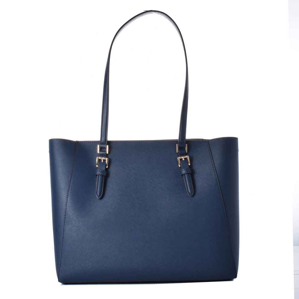 Michael Kors blue leather tote bag with gold-tone hardware, front view