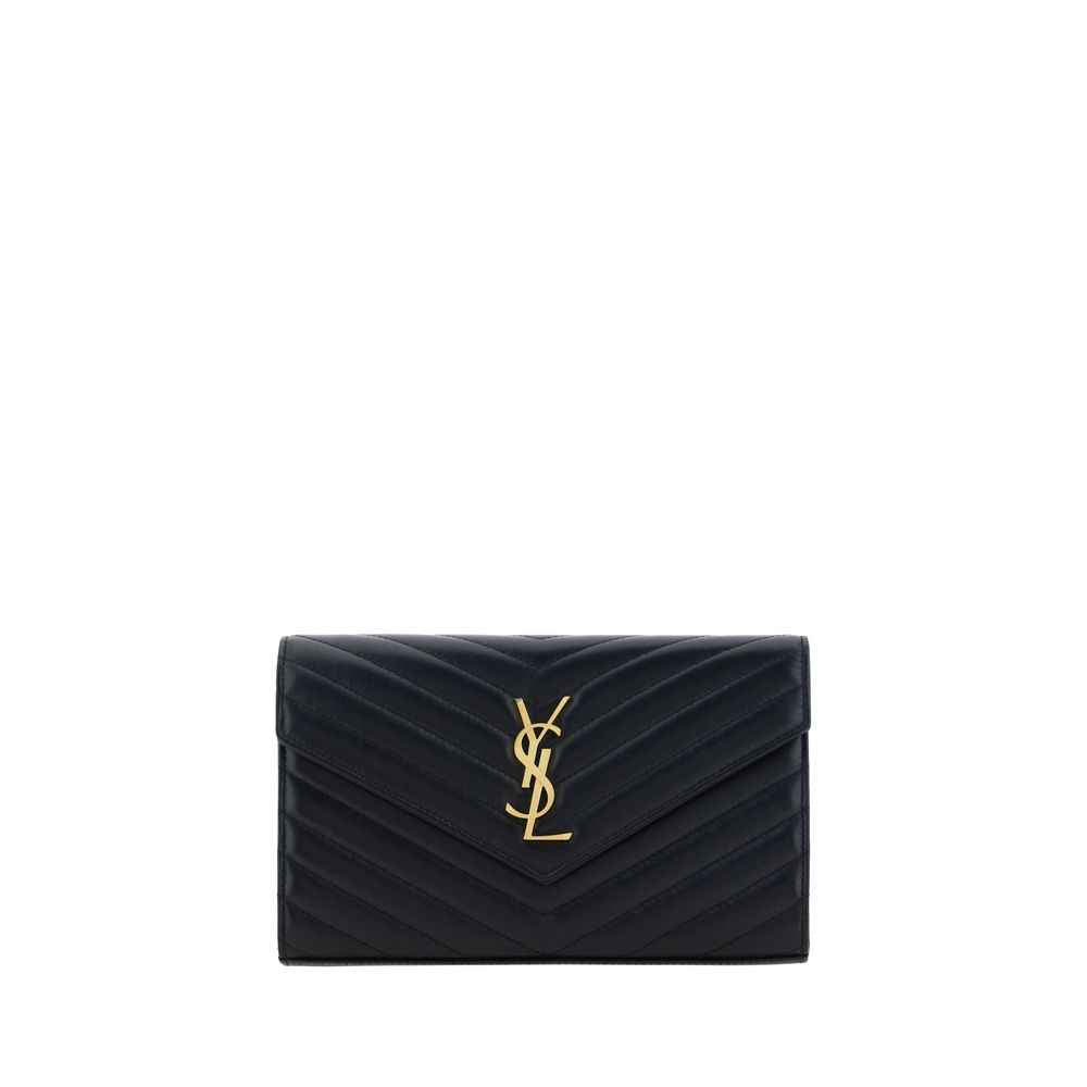 Saint Laurent Ovis Aries Aries shoulder bag in black lamb leather, chevron quilted with gold YSL logo—front view