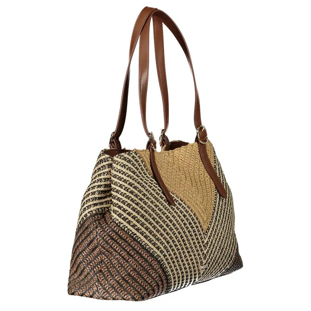 Twinset brown shoulder bag; woven straw with tan leather handles; three-quarter view