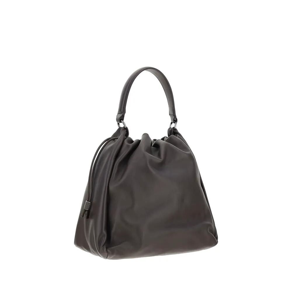 Brunello Cucinelli Mellow Bucket bag, dark gray leather, top-handle design, front view.