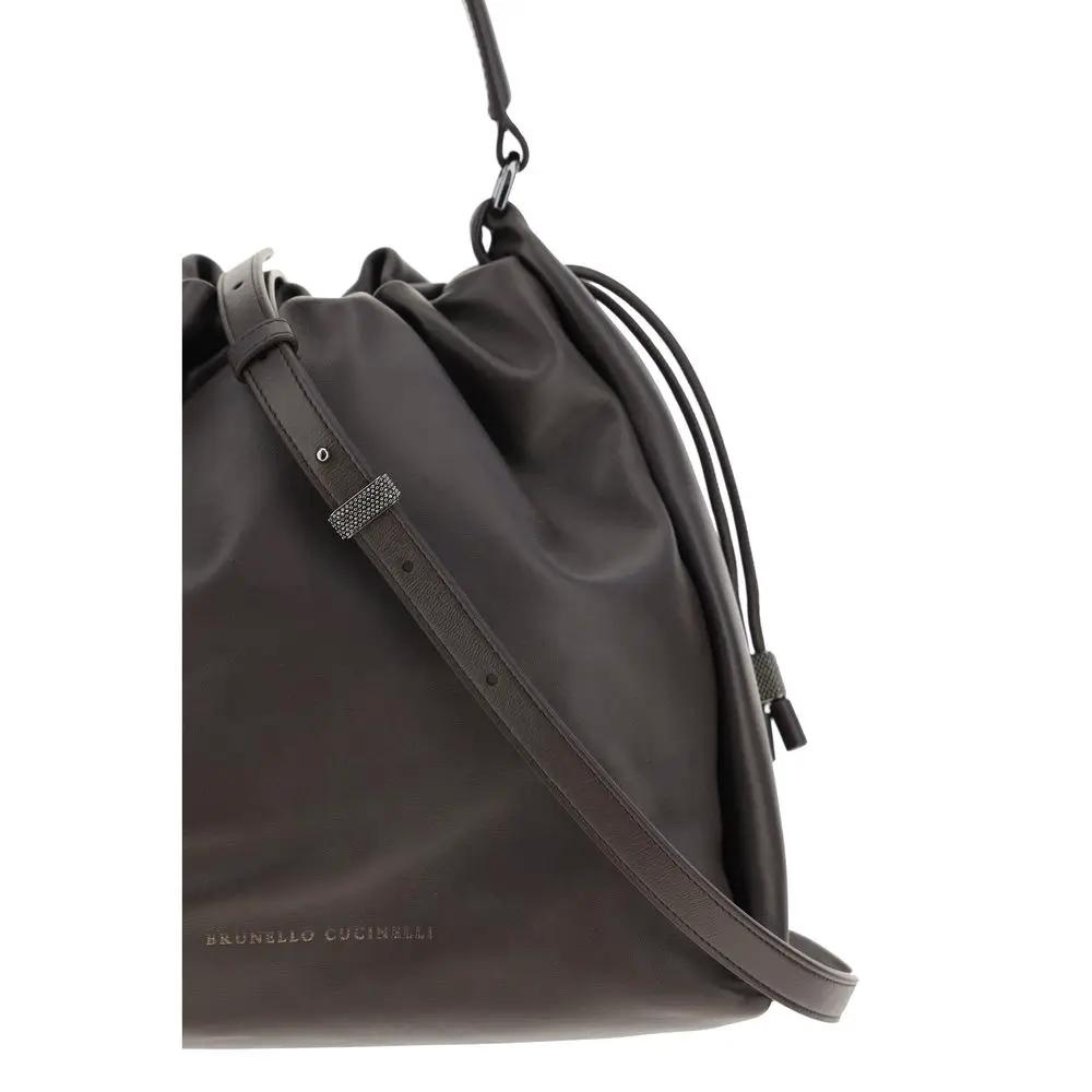 Brunello Cucinelli Mellow Bucket bag brown leather drawstring shoulder bag side view