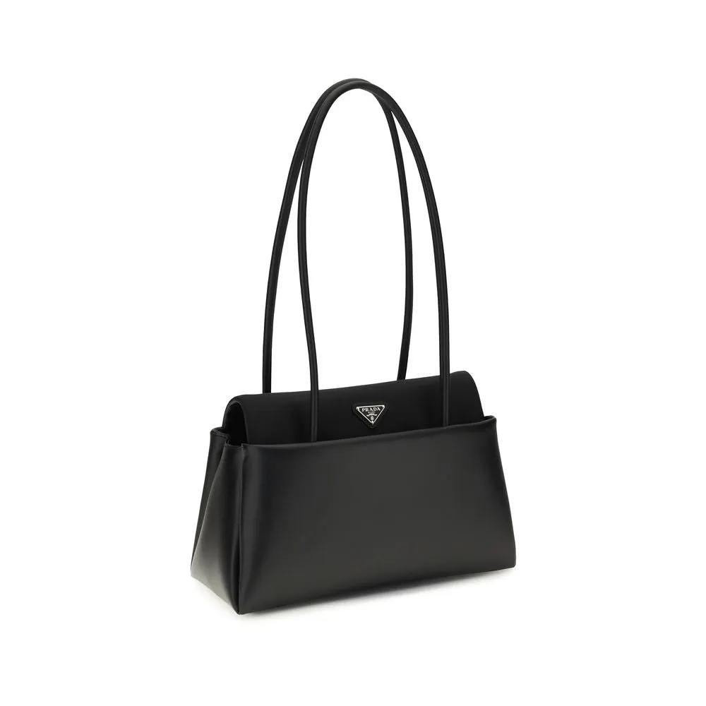 Prada Bos Taurus calf leather black handbag, shoulder bag, three-quarter front view.