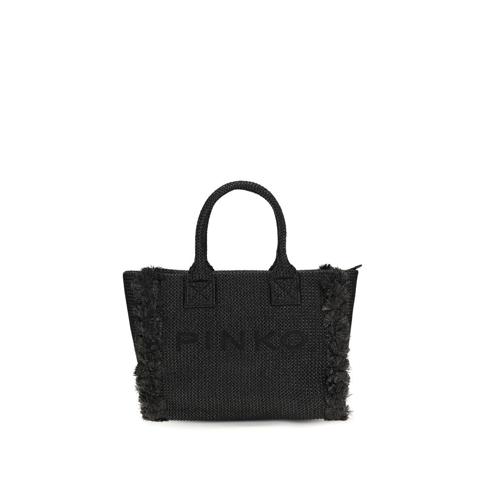 PINKO Black Raffia Shoulder Bag with fringe accents, front view
