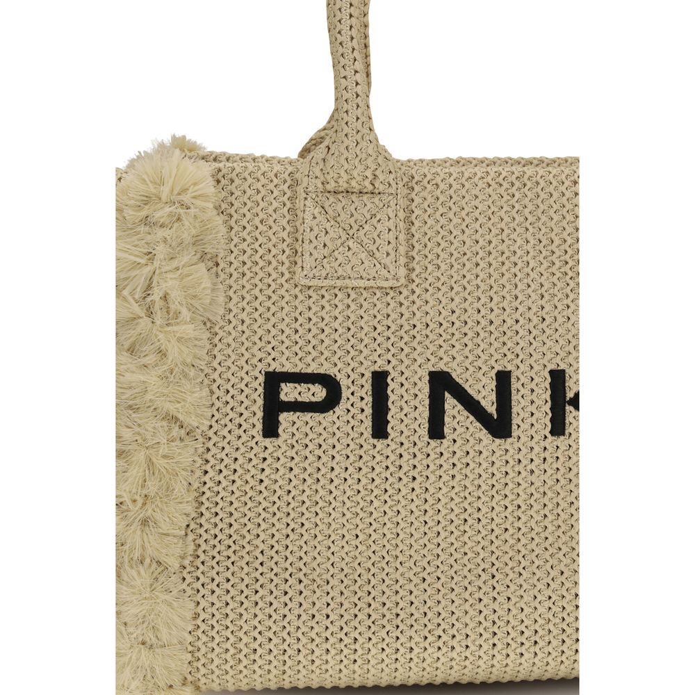 PINKO Beige Raffia Shoulder Bag, natural raffia material, front view