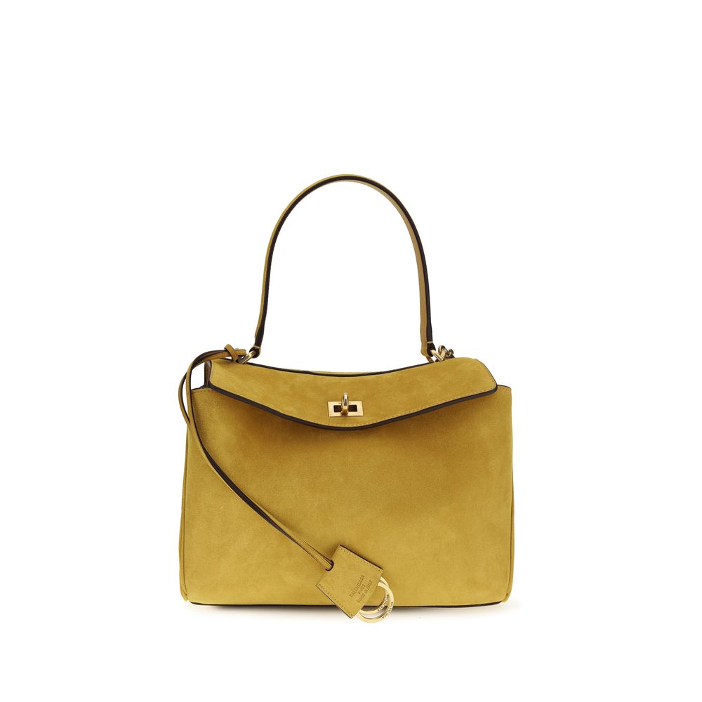 Balenciaga Bos Taurus beige calf leather shoulder bag, top handle, gold hardware, front view.