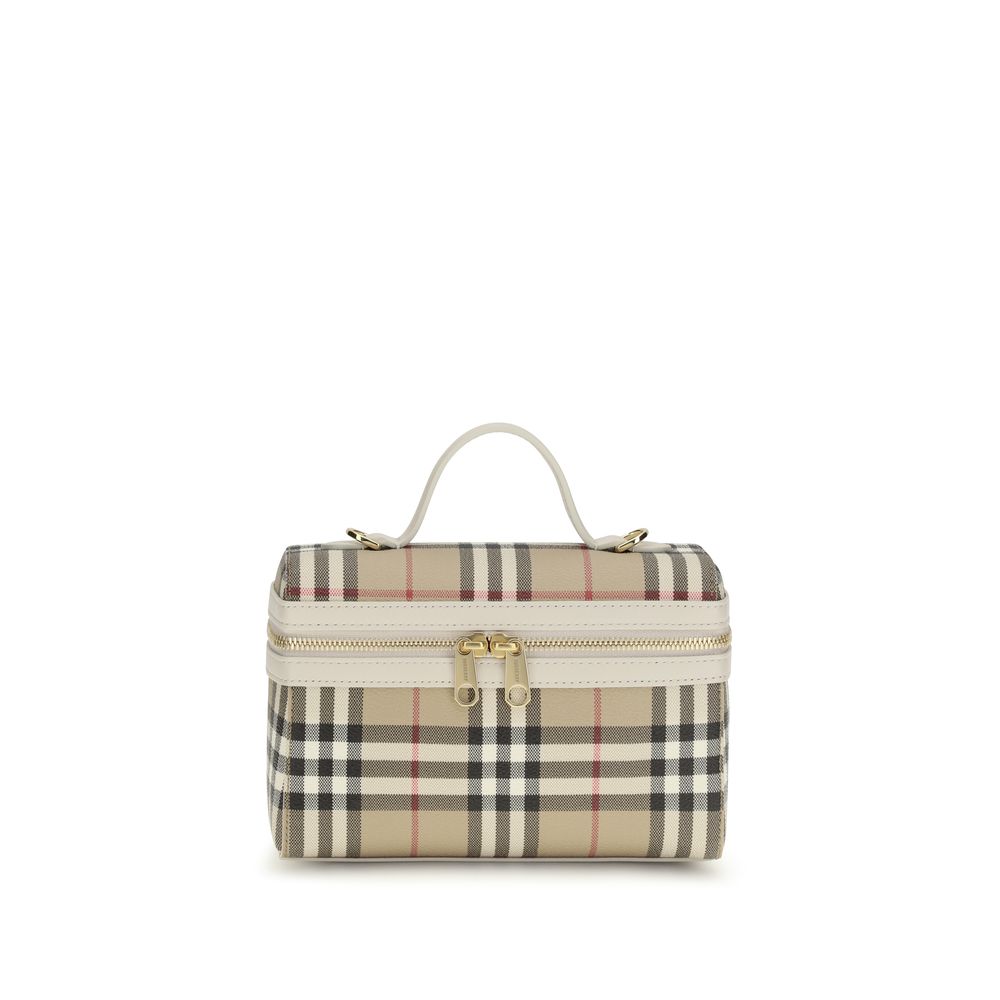 Burberry top-handle bag in beige plaid with cream trim, gold-tone hardware, front view