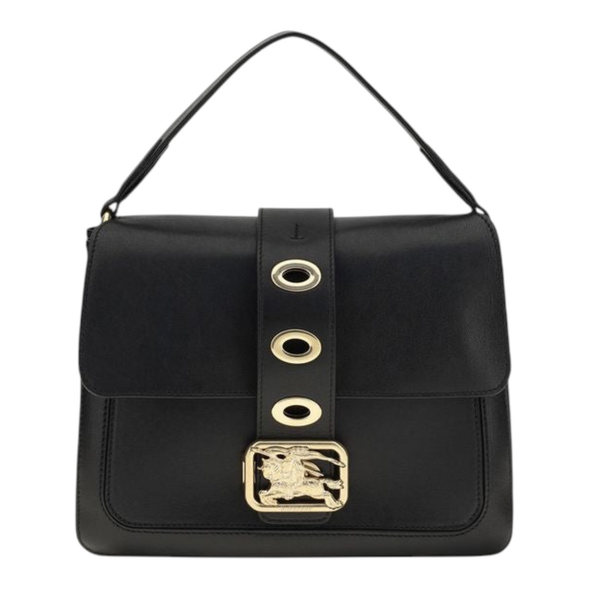 Bolso de mano pequeño Rider de XT & Co en piel de cordero negra con hebilla dorada y asa superior.