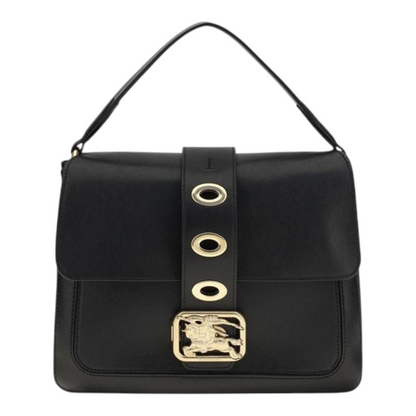 Bolso de mano pequeño Rider de XT & Co en piel de cordero negra con hebilla dorada y asa superior.