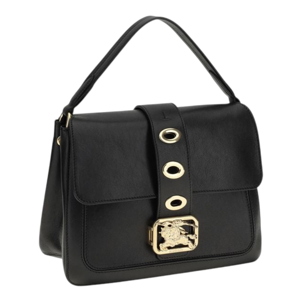 Bolso pequeño Rider de XT & Co en piel de cordero negra con hebilla dorada grabada y asa superior ajustable.