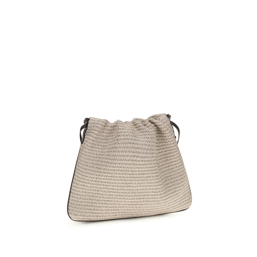 Brunello Cucinelli Beige Cotton Shoulder Bag, woven texture, side view