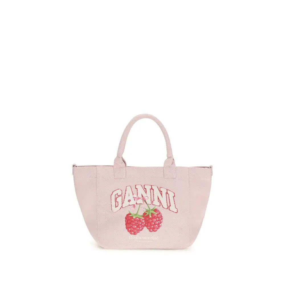Ganni recycled polyester pink shoulder bag with raspberry print, front view