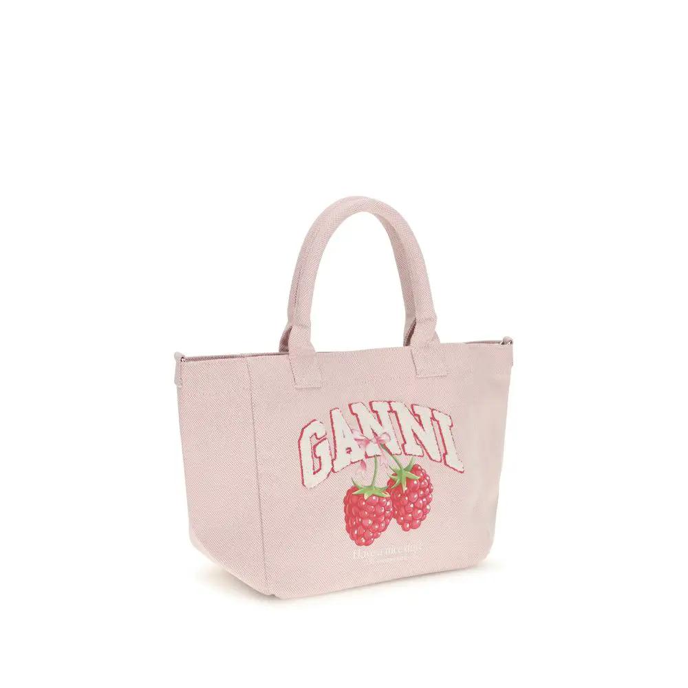 Ganni Multicolor recycled polyester shoulder bag, pale pink with raspberry graphic, front view