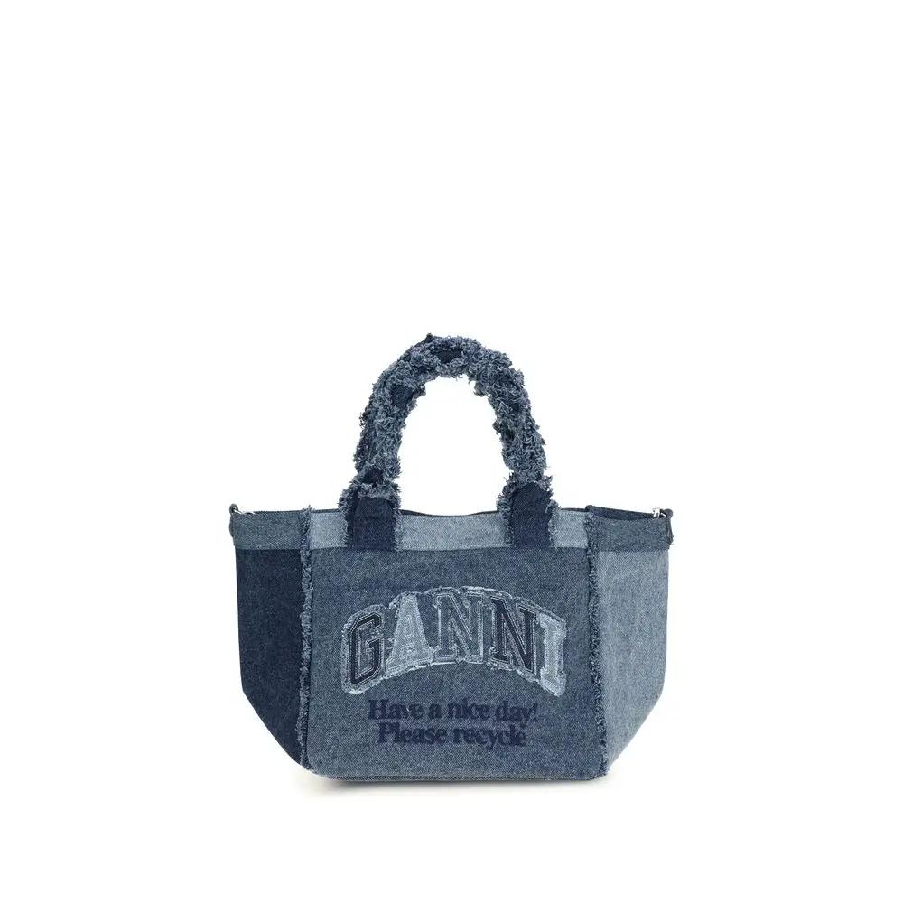 Ganni Blue Cotton Handbag, denim patchwork panels, front view.