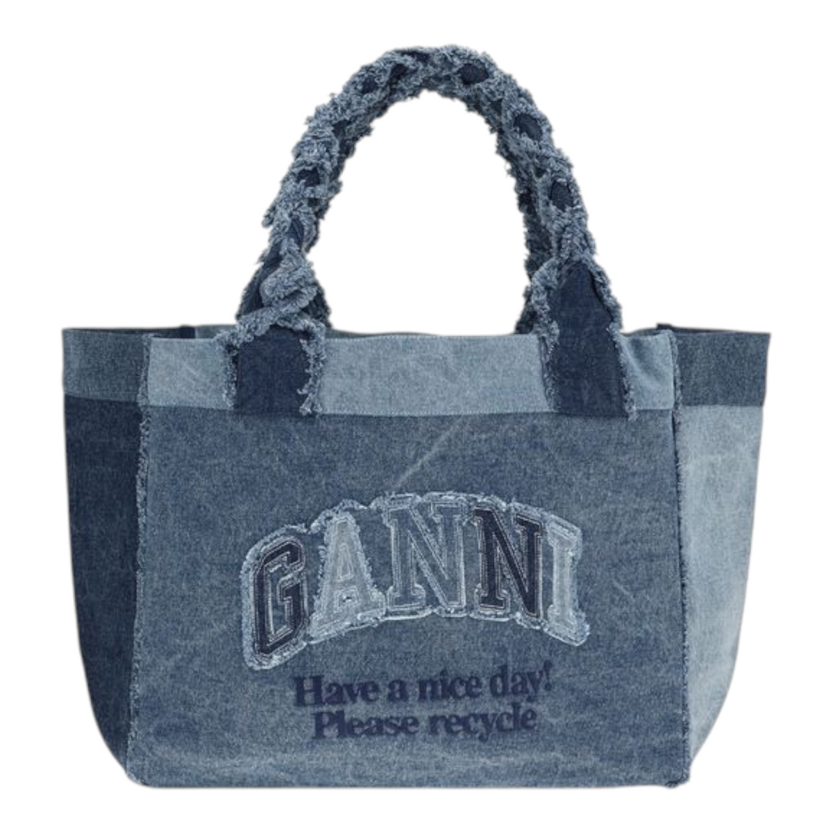 Bolso shopper trapecio de mezclilla azul de XT & Co con asas trenzadas y logo Ganni bordado en el frente