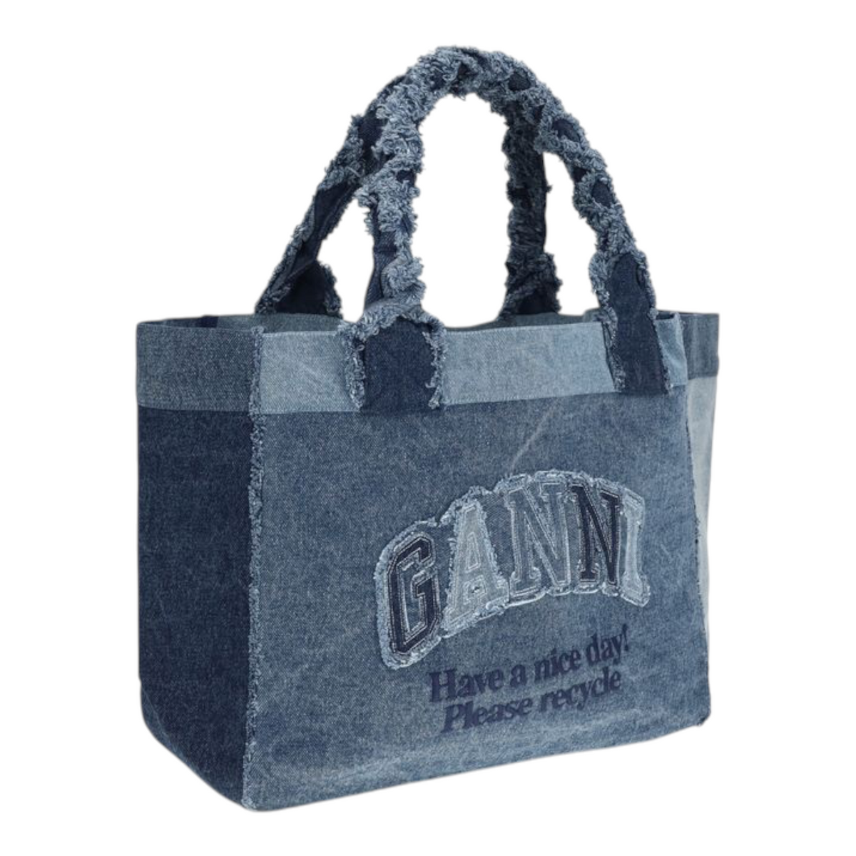 Bolso shopper de mezclilla azul XT & Co con forma de trapecio, asas deshilachadas y logo Ganni bordado