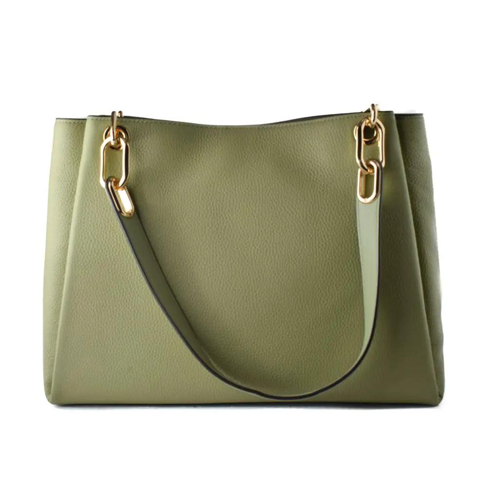 Michael Kors Bicolor Leather Handbag olive green shoulder bag with gold hardware, front view