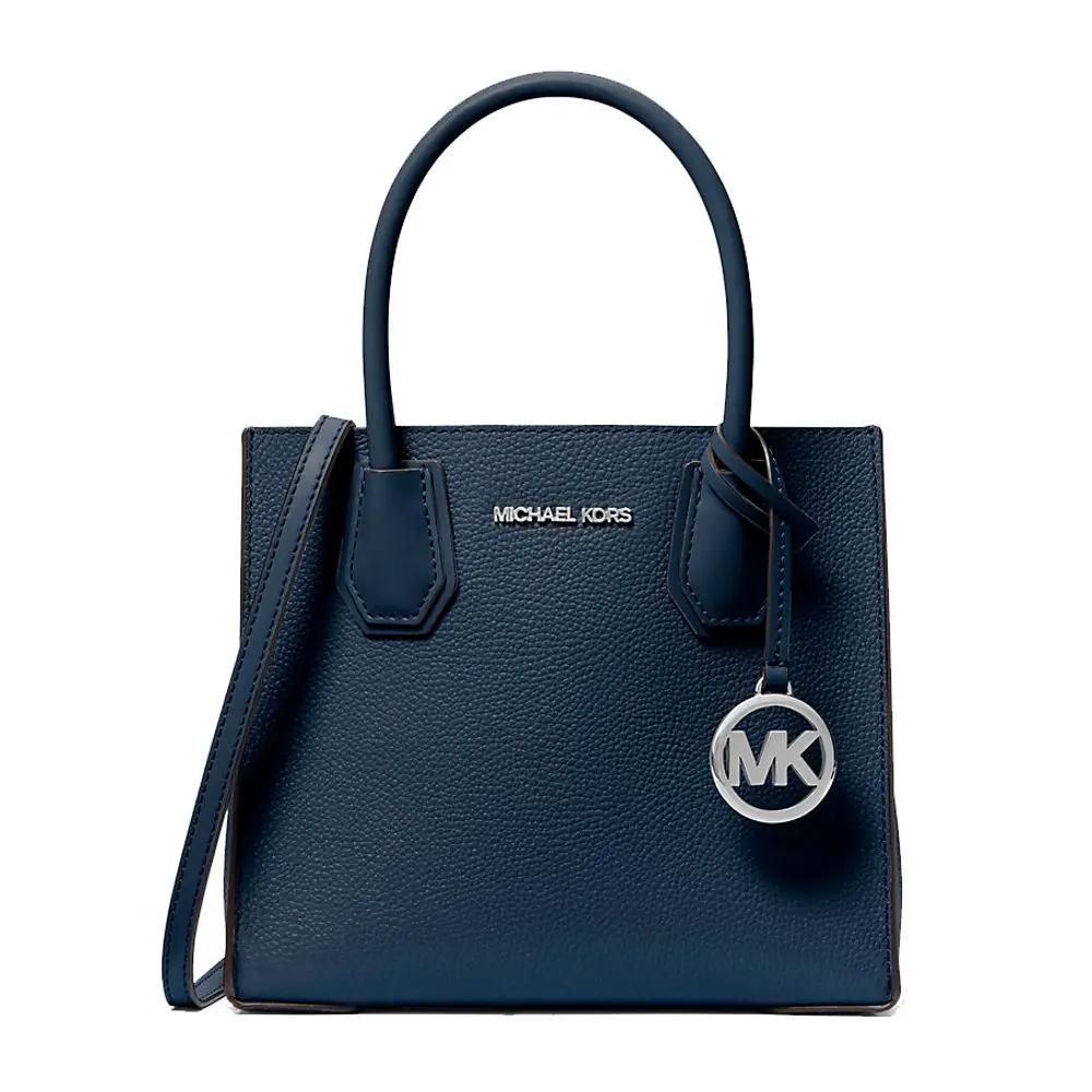 Michael Kors blue pebbled leather tote bag with top handles, front view