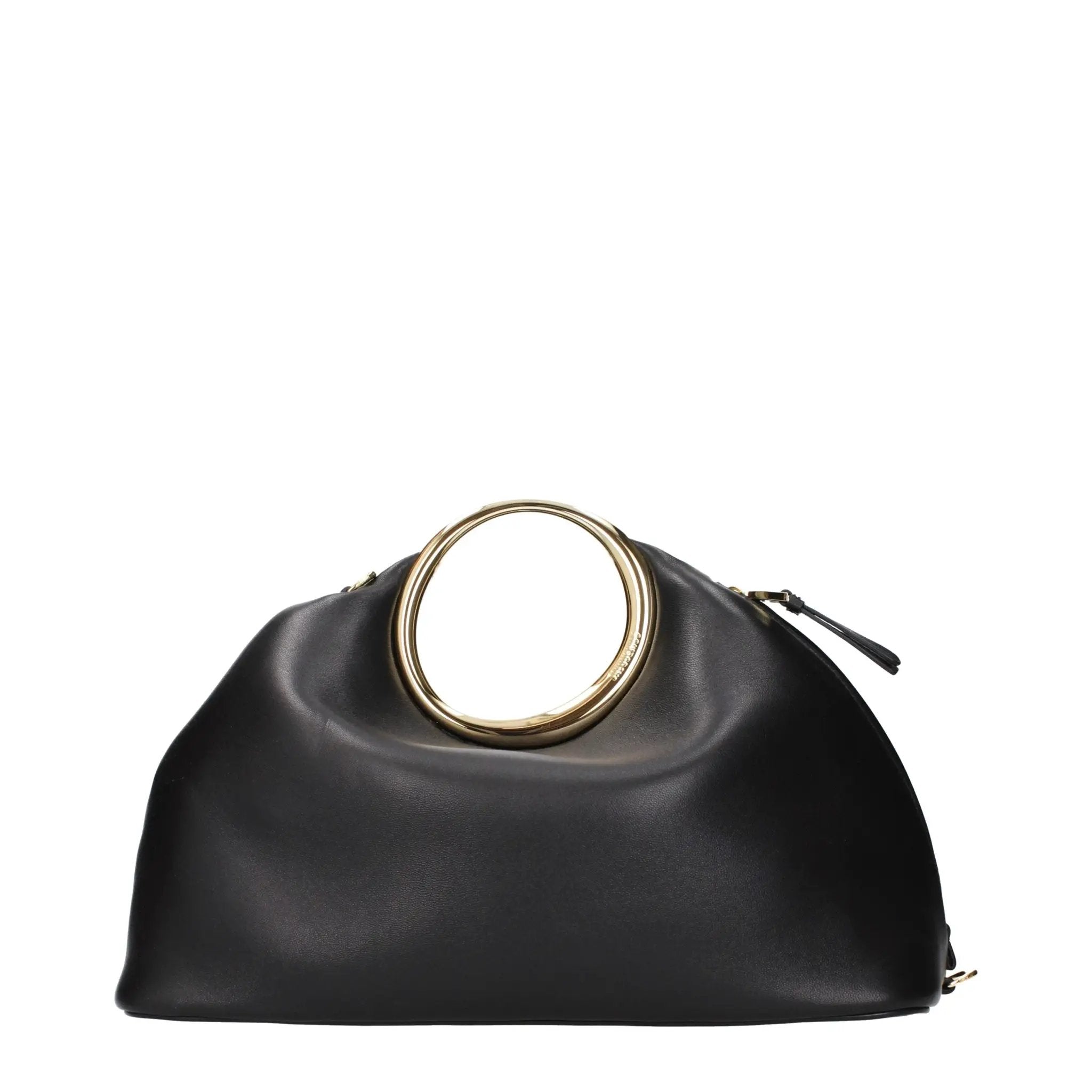 Jacquemus Black Leather Handbag, gold ring handles, front view