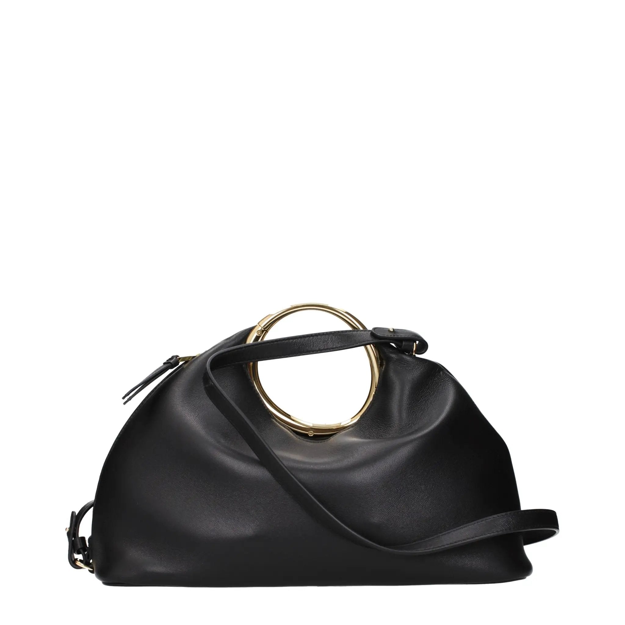 Jacquemus black leather handbag with gold ring handle, front view