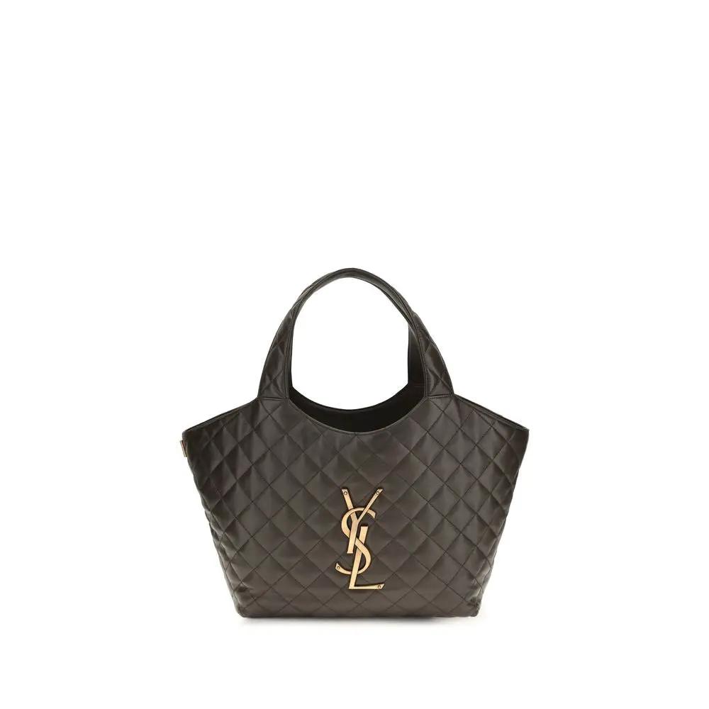 Saint Laurent Bos Taurus shoulder bag in dark taupe Napa leather, quilted, gold YSL logo front view