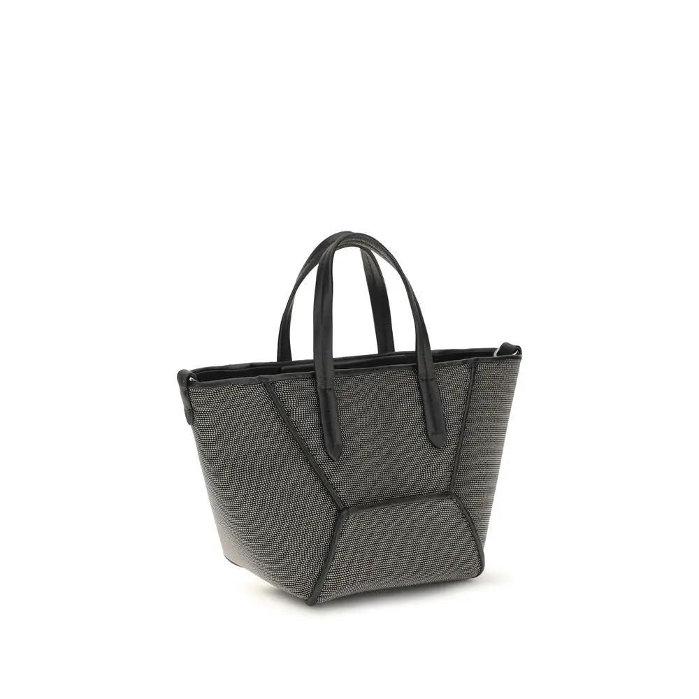 Brunello Cucinelli Bos Taurus shoulder bag, black calf leather with geometric paneling, front view