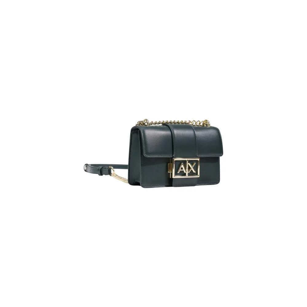 Armani Exchange green polyester handbag, shoulder bag with gold chain strap, front view