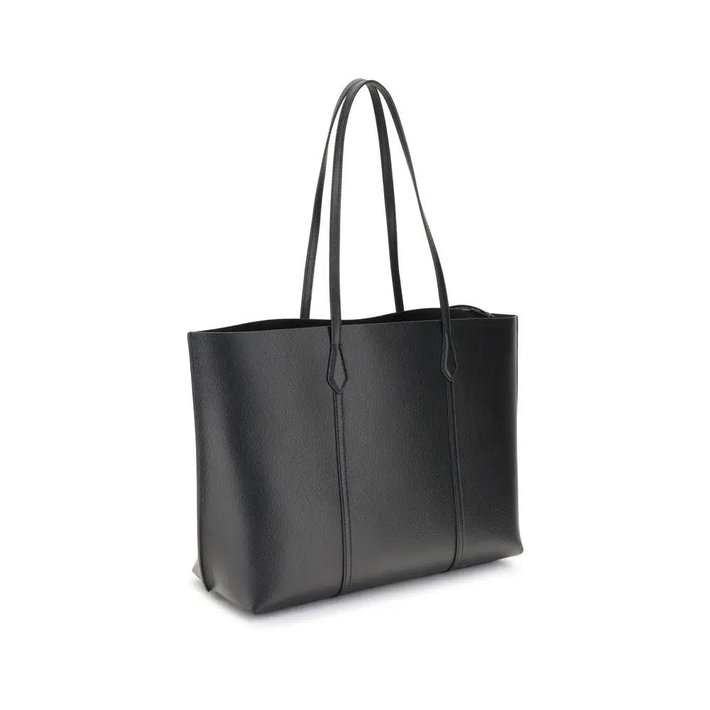 Tory Burch Bos Taurus calf leather black tote handbag, three-quarter front view