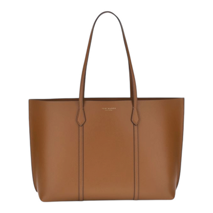 Bolso tote Perry de XT & Co en piel de becerro granulada color marrón con logo dorado frontal y asas largas