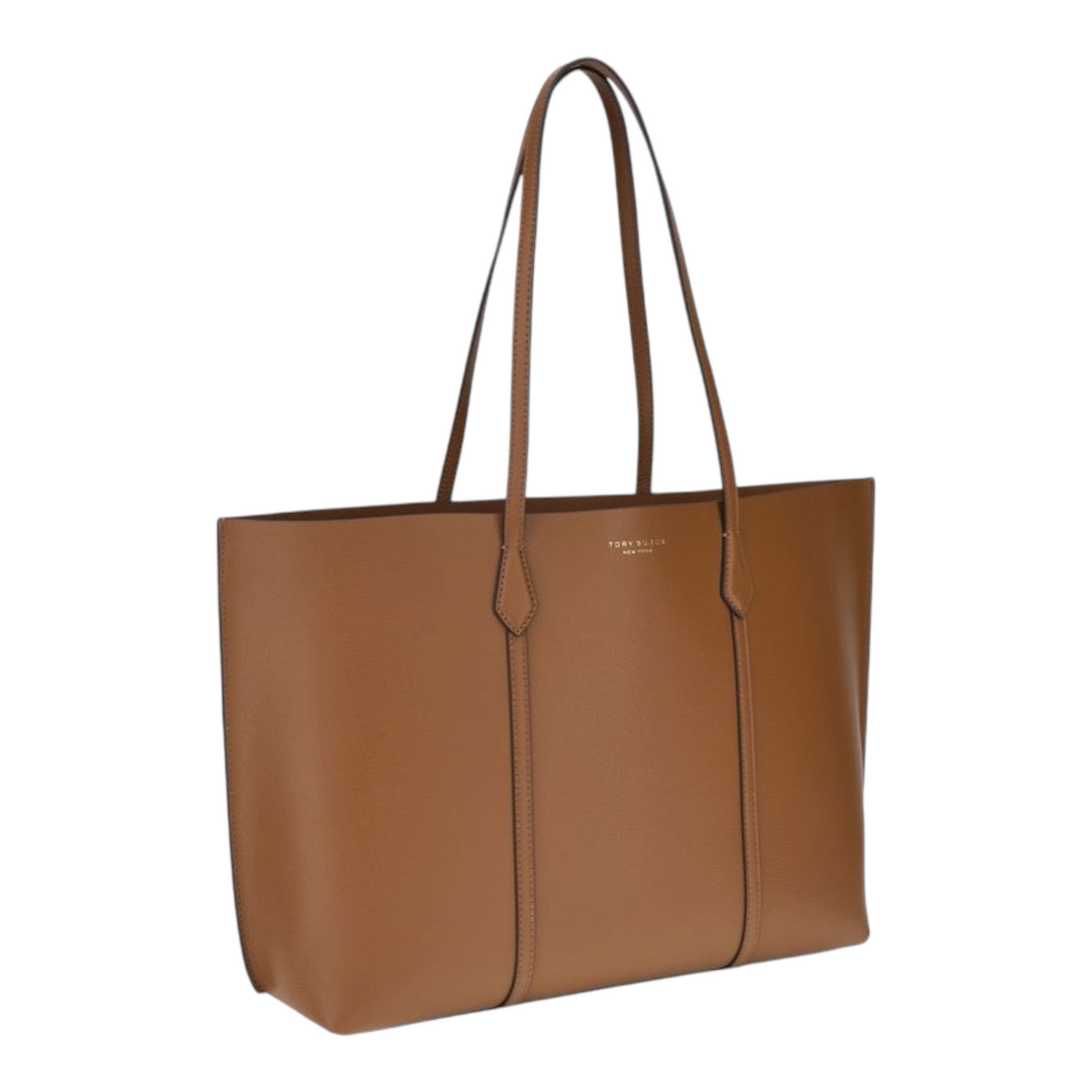 Bolso tote Perry de XT & Co en piel de becerro granulada color marrón con logotipo dorado y asas largas.