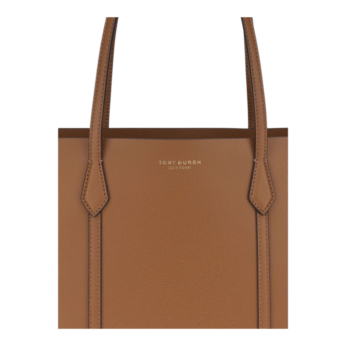 Bolso tote Perry de XT & Co en piel de becerro granulada marrón con logotipo dorado de Tory Burch en el frente