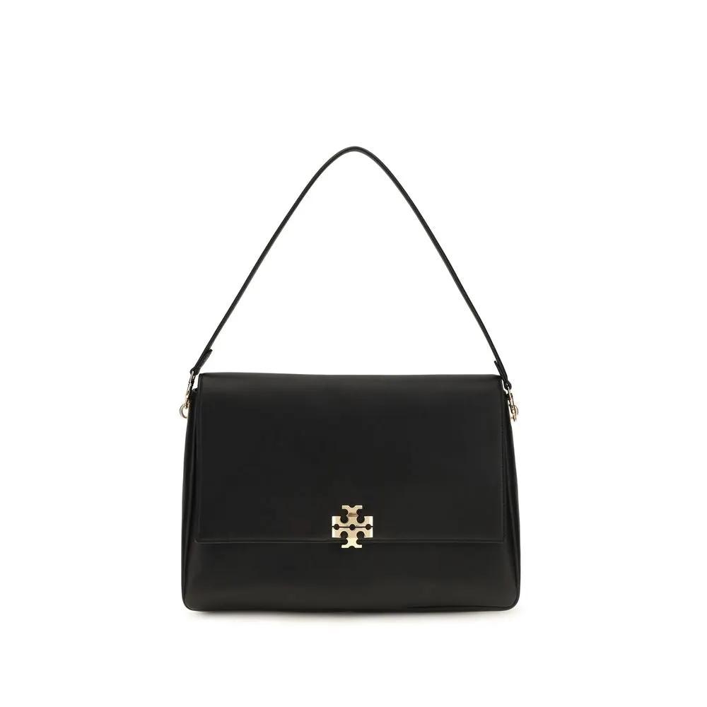Tory Burch Bos Taurus shoulder bag in black calf leather with gold-tone logo clasp, front view