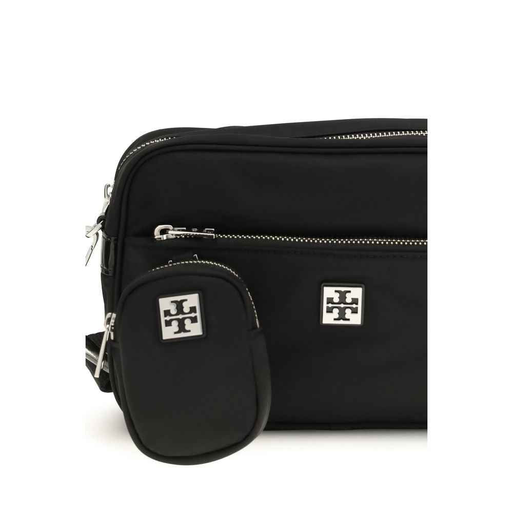 Tory Burch black polyamide shoulder bag with silver hardware front view