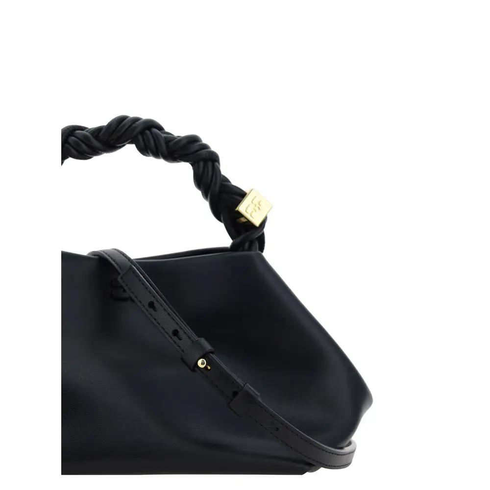 Ganni Bou Handbag, black leather with braided handle, shoulder bag, side view`