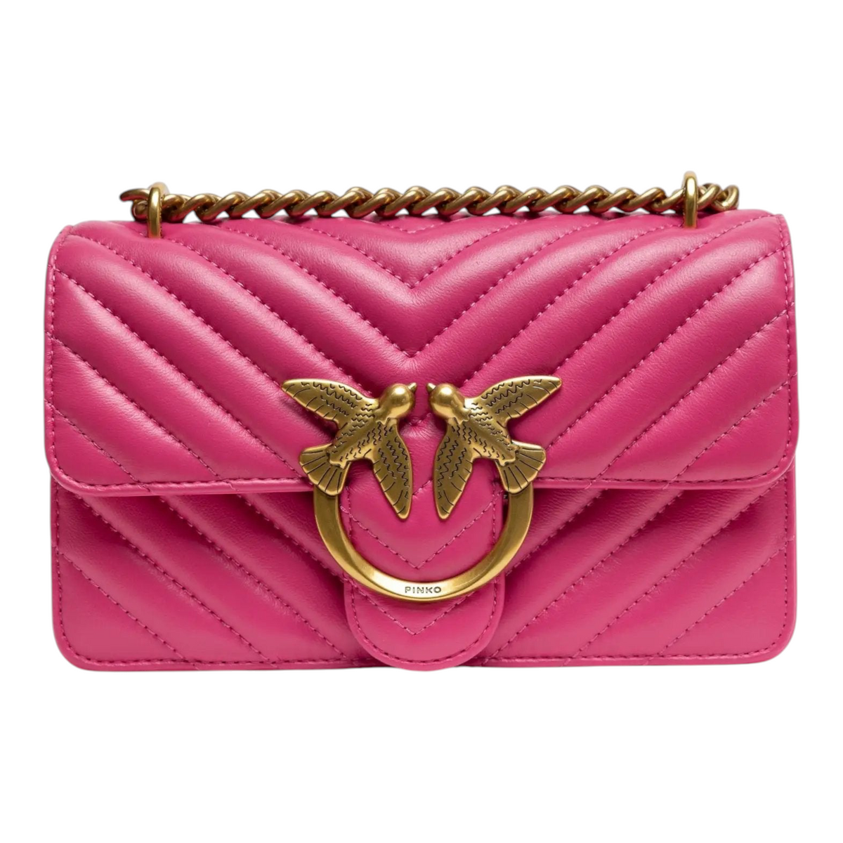 PINKO Love One Mini Shoulder Bag; pink leather, gold chain, front view