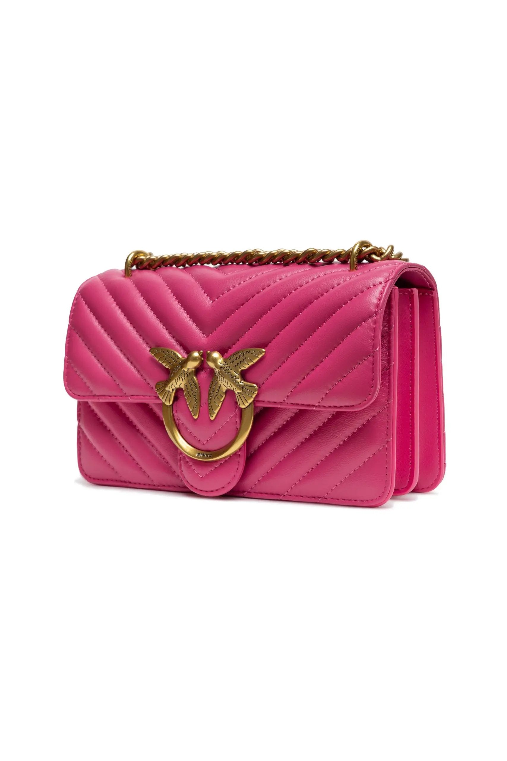 PINKO Love One Mini Shoulder Bag in pink leather with gold chain strap, front view