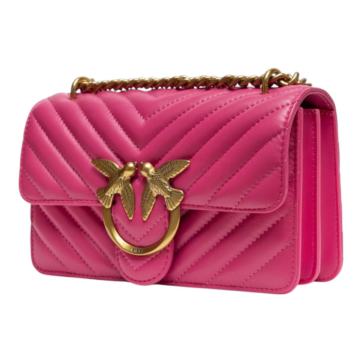 PINKO Love One Mini Shoulder Bag in pink leather with gold chain strap, front view