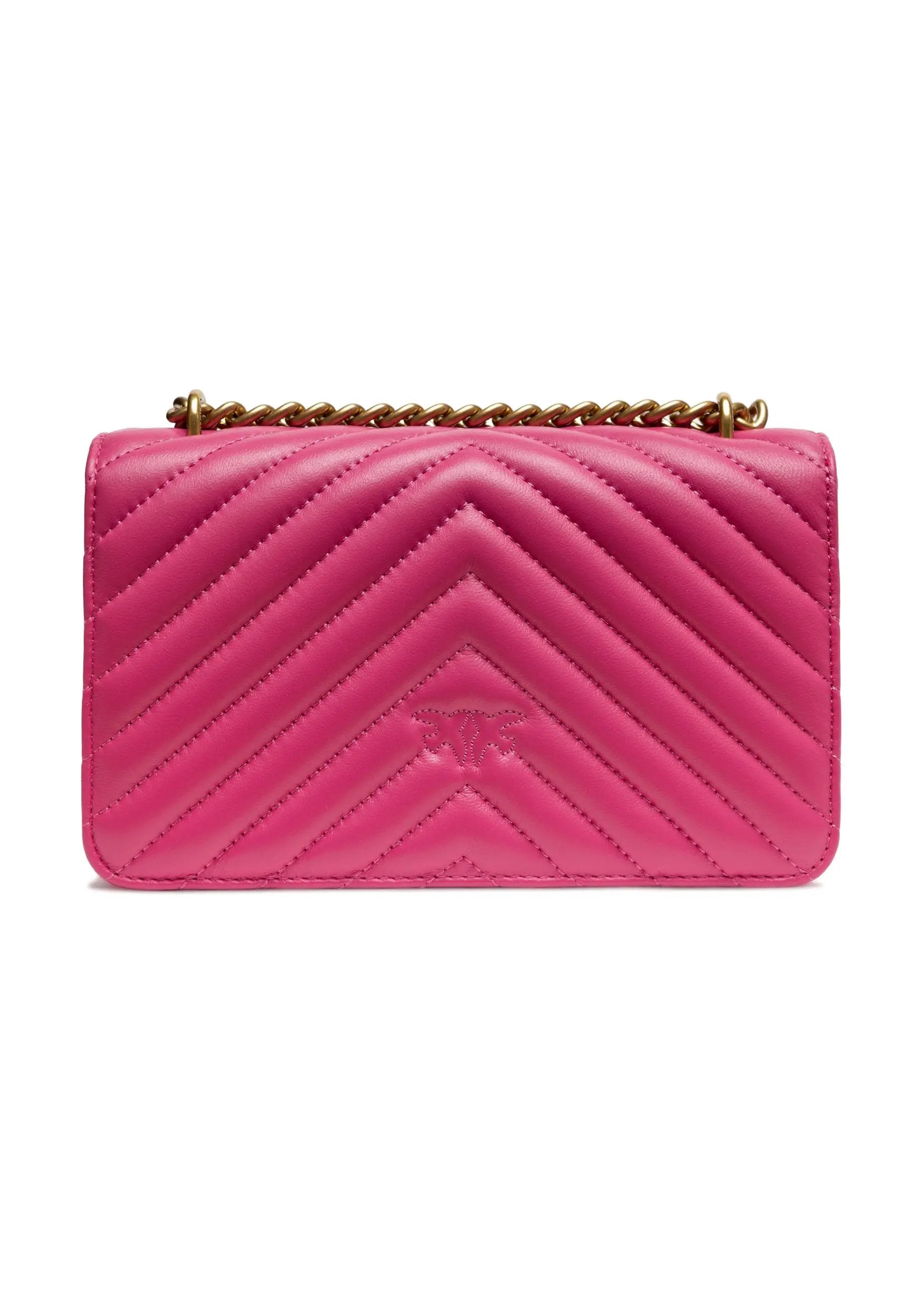 PINKO Love One Mini Pink leather shoulder bag with gold chain strap, front view