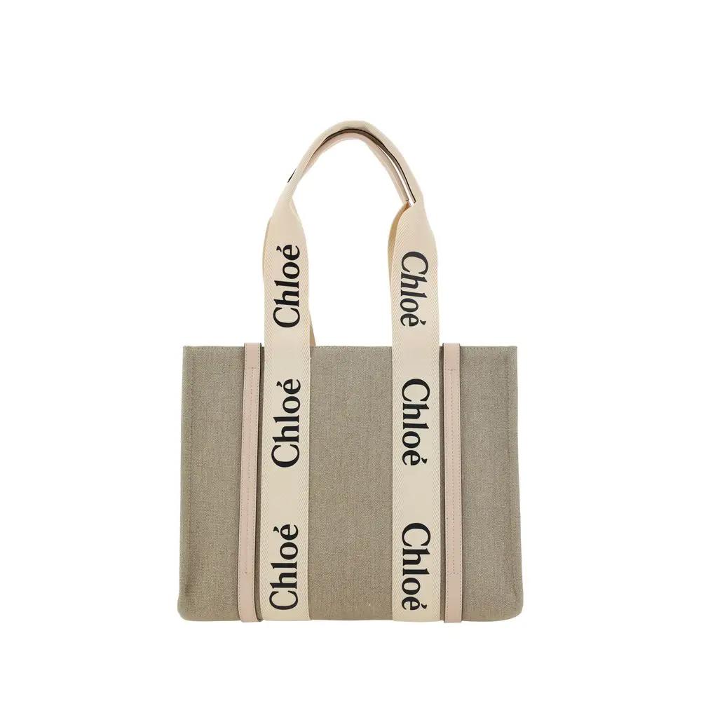 Chloé beige linen tote bag with cream logo straps, front view