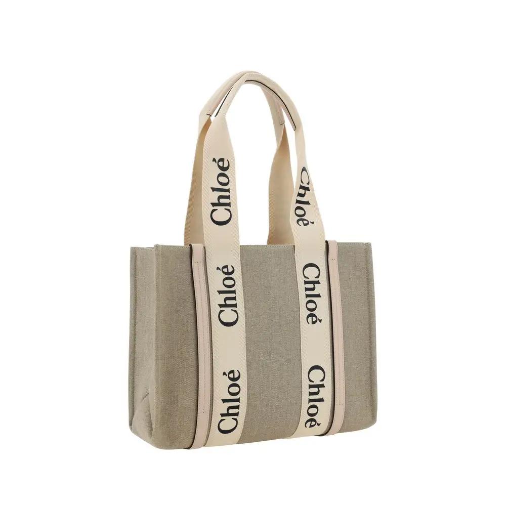 Chloé beige linen handbag tote with logo-strap handles, front view