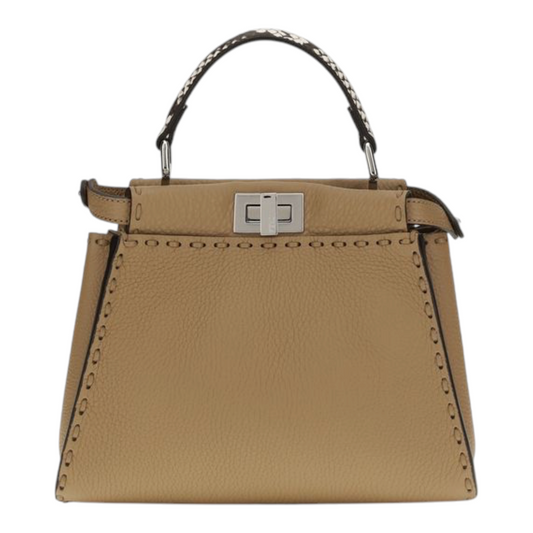 Bolso de mano Fendi Peekaboo Mini en piel de becerro beige con cierre giratorio y detalles de XT & Co